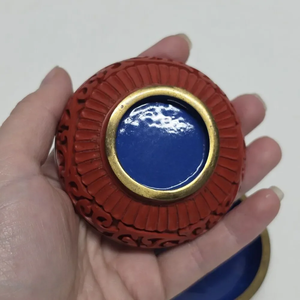 Vintage Chinese Carved Cinnabar Lacquer Trinket Box Floral Blue Enamel Interior